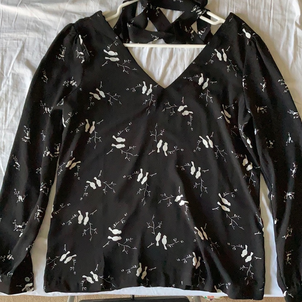 Loft black & white tie-back blouse